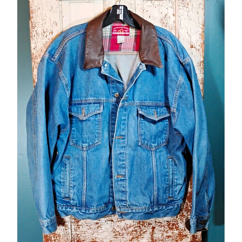 Vintage Marlboro Country Store Blue denim mens jacket leather collar L